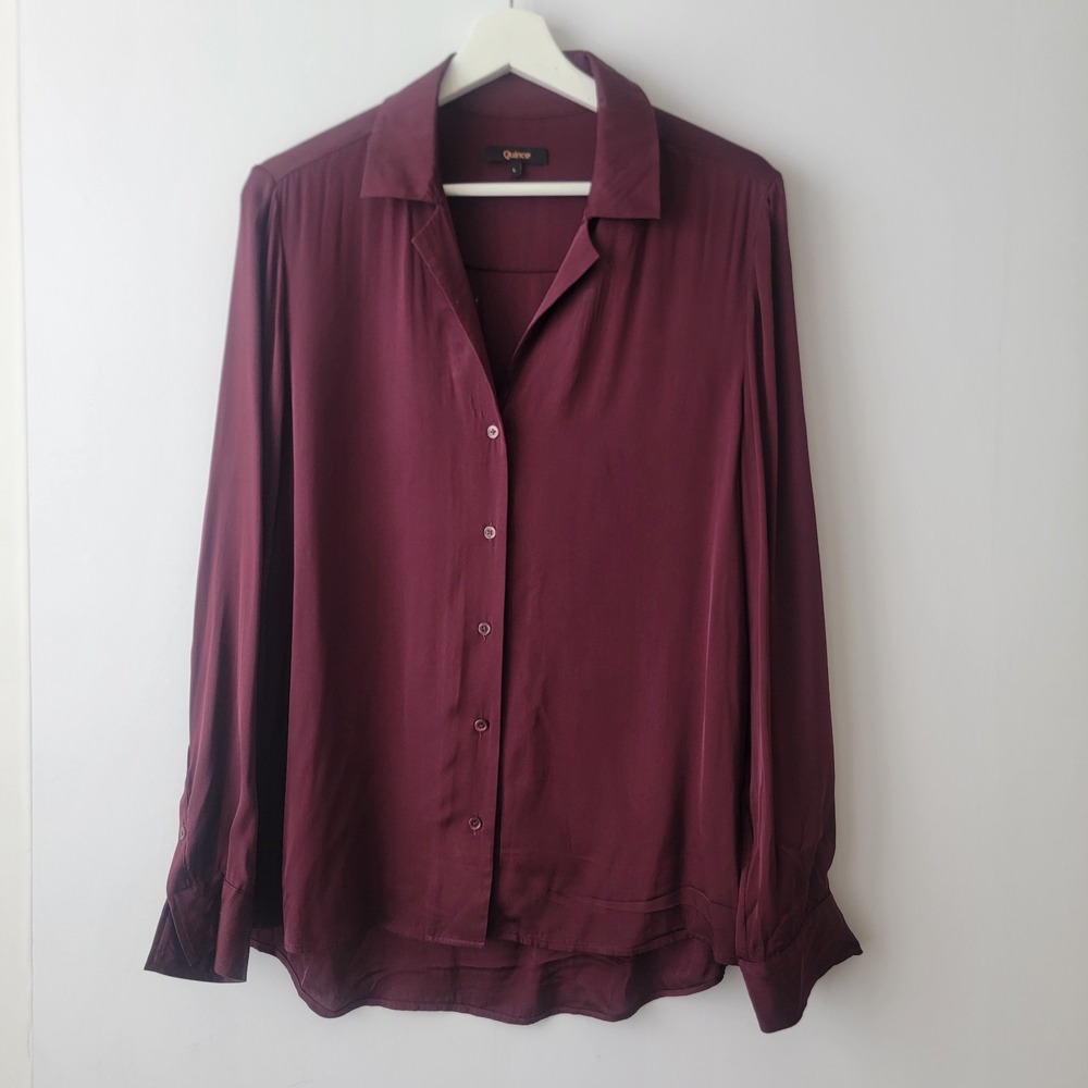 Quince women's Washable Stretch Silk Notch Collar Blouse sz L Wine Tasting Red